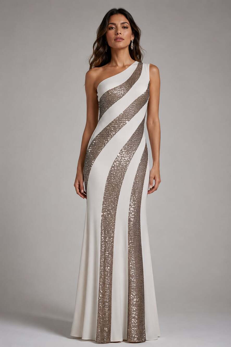 NWT Basix Black Label One Shoulder Sequin Striped Gown White D1337L Silver Size